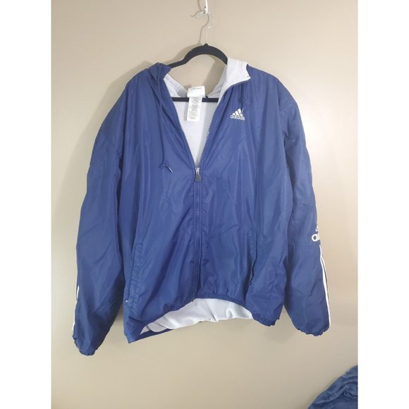 adidas Other - Vtg Adidas Three Stripe Blue Fleece Lined Full Zip Nylon Windbreaker, Size L